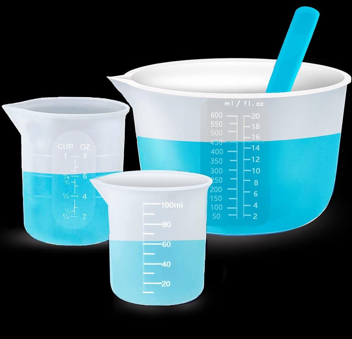 Maatbekers, 600 ml & 250 ml & 100 ml herbruikbare niet-stick siliconen mengen gietbekers voor epoxyhars, sieraden maken