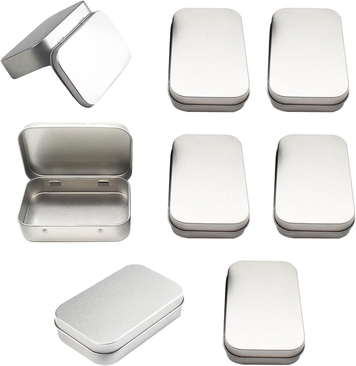 Set van 8 kleine roestvrijstalen dozen met deksel, metalen doos met deksel, rechthoekige metalen doos, opbergdoos, 9,5 x 6,2 x 2 cm (zilver)