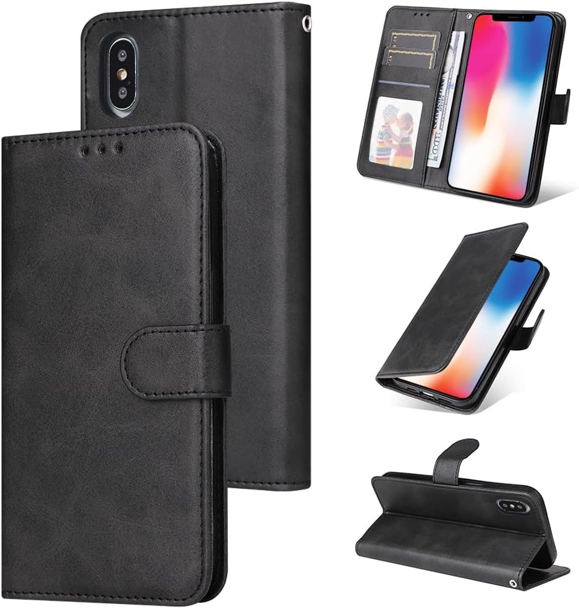 Hoes voor mobiele telefoon voor iPhone X/XS/10, leer, PU, magneetsluiting, flipcase, portefeuille, kaartenvak, 360, stootvaste beschermhoes met standfunctie, zwart