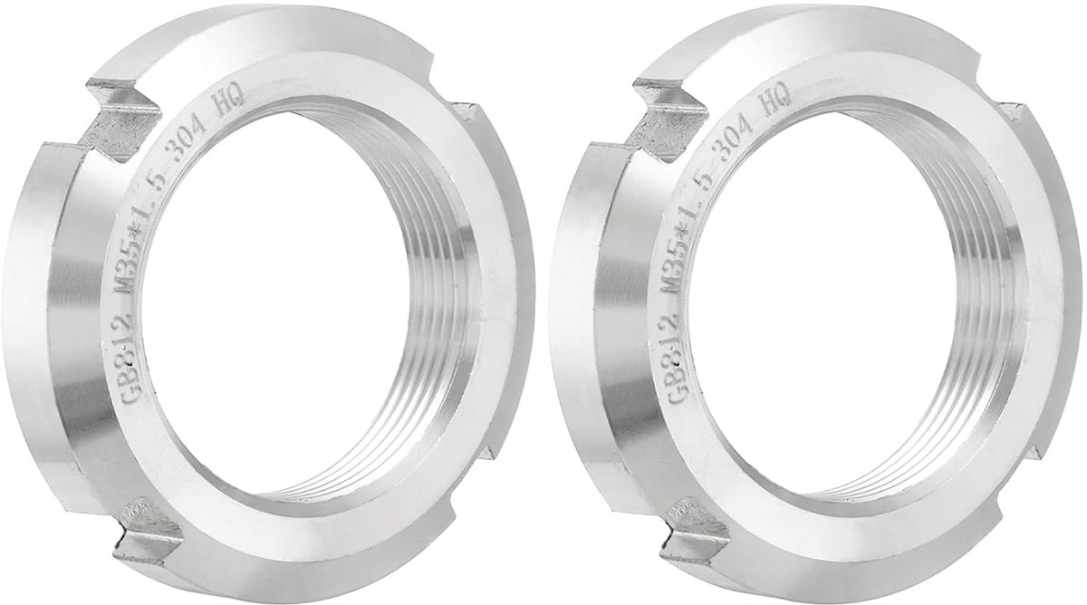 M35 x 1,5 mm, 2 stuks ronde sleufmoeren met vier sleuven, borgmoer van roestvrij staal 304, voor industriële rollagers, zilverkleurig