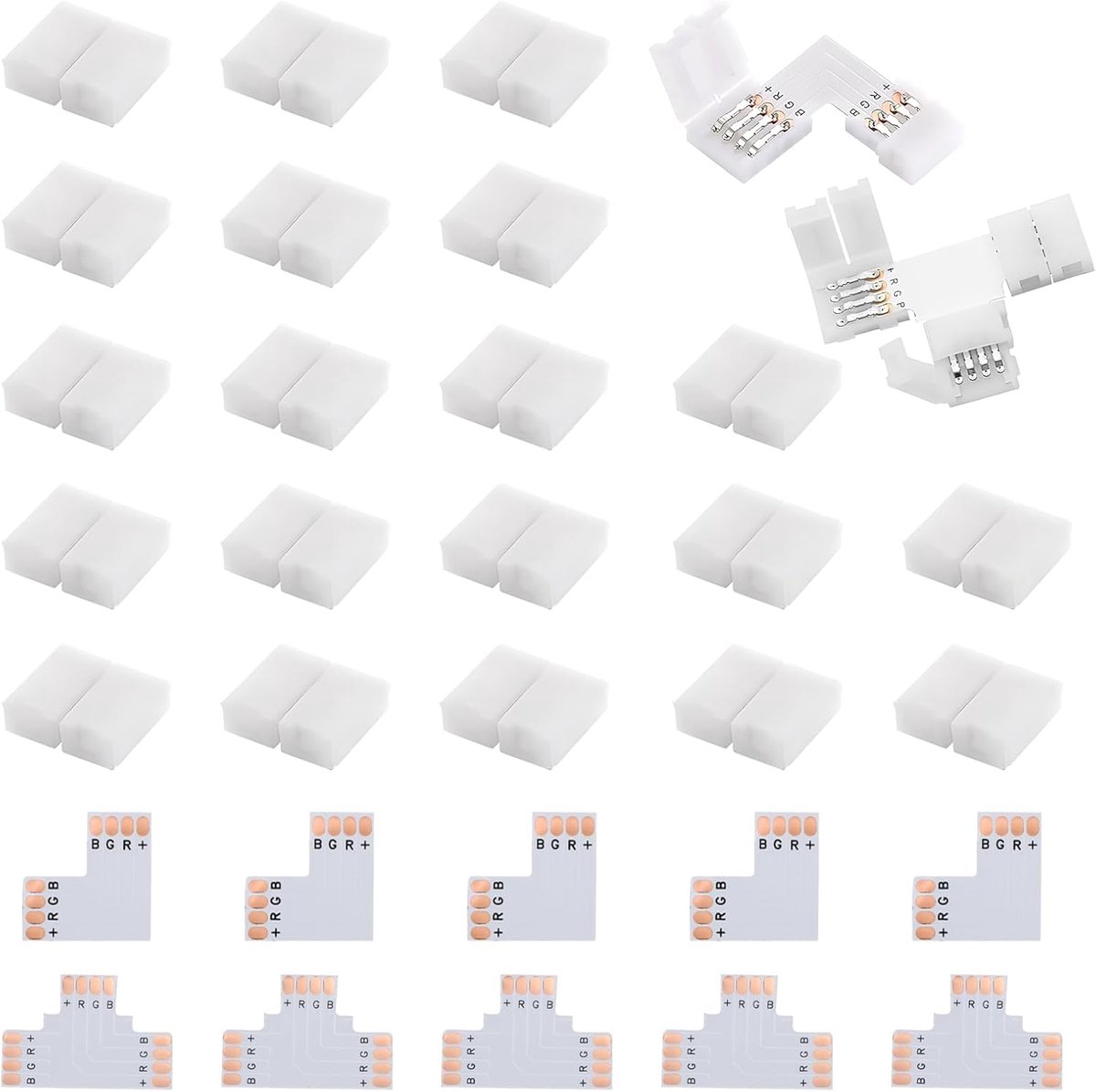 Set van connectoren voor 10 mm ledstrip: L/T-stekkers, verlengkabels en 4-polige snelstekkers voor RGB-ledstrips - perfecte oplossing voor je doe-het-zelf verlichtingsprojecten