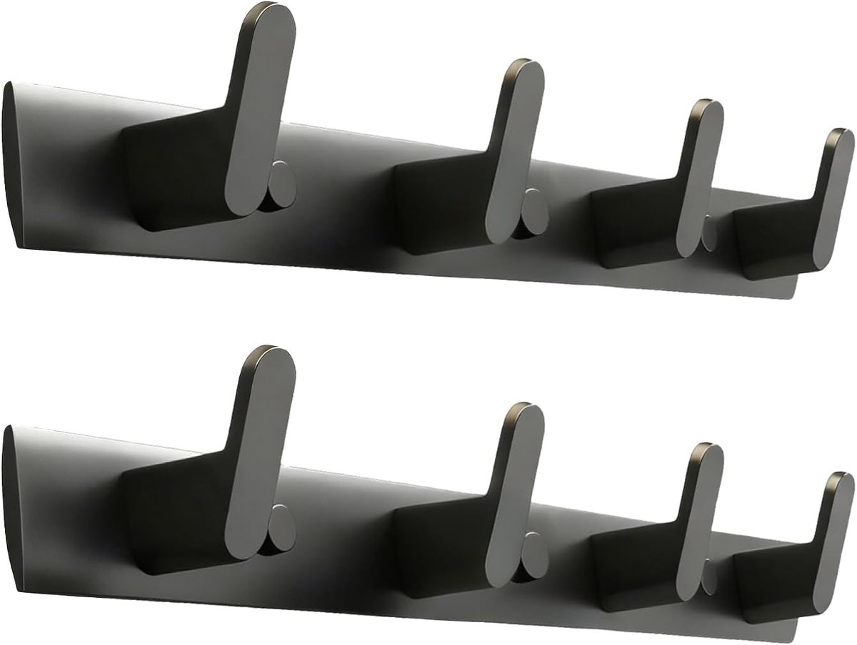 2 stuks zwarte wandgemonteerde garderobehaken, aluminium handdoekhaakstang met 4 haakhaken, boorloze installatie, geschikt voor badkamer, slaapkamer, garderobe