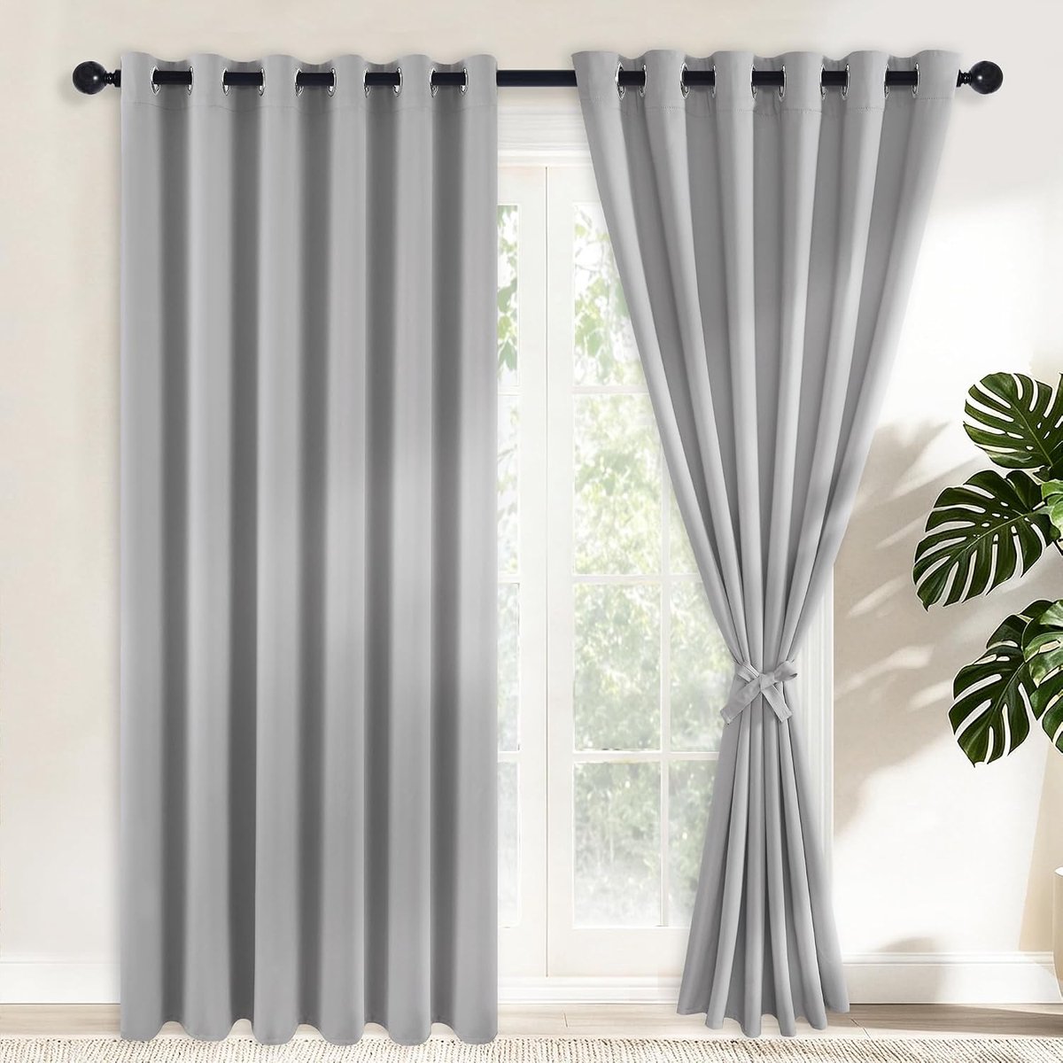 Verduisteringsgordijnen met inslagringen, zilvergrijs ondoorzichtige gordijnen, 2 stuks, 228 x 228 cm (breedte x hoogte), zachte schuifgordijnen voor slaapkamer, woonkamer enz.