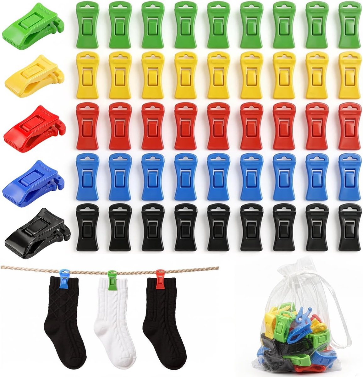 50 stuks kleurrijke sokkenklemmen, sokkenclips voor wasmachine en droger, sokkenhouder met haken en opbergtas