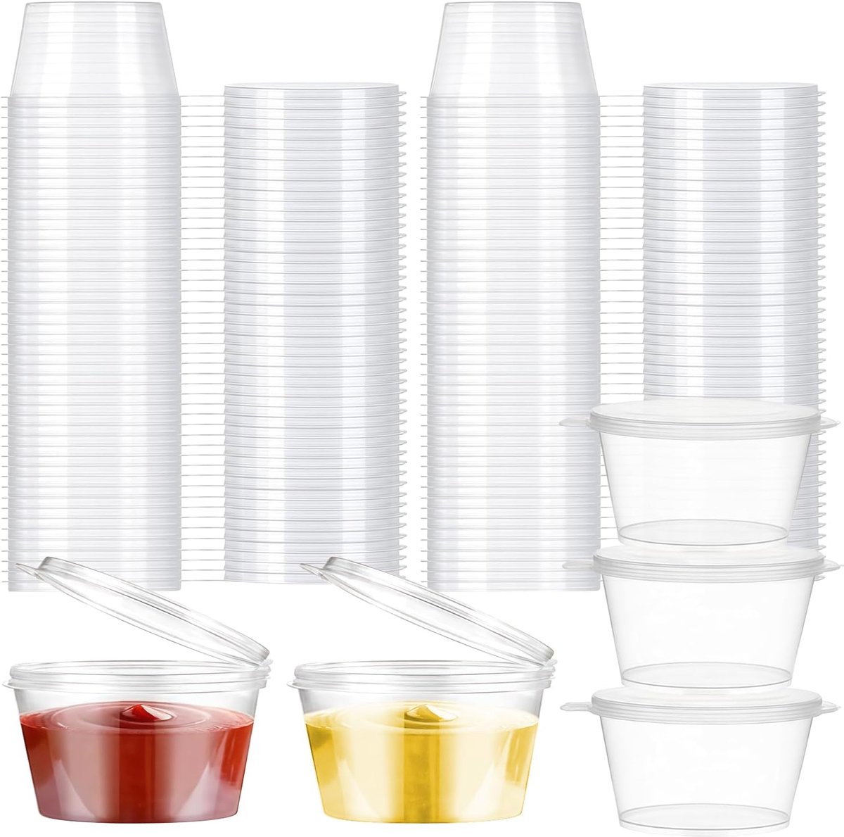 100 plastic bekers met deksel, 100 ml, kleine containers van kunststof, lekvrij, ideaal voor sauzen, ketchup, dips en specerijen
