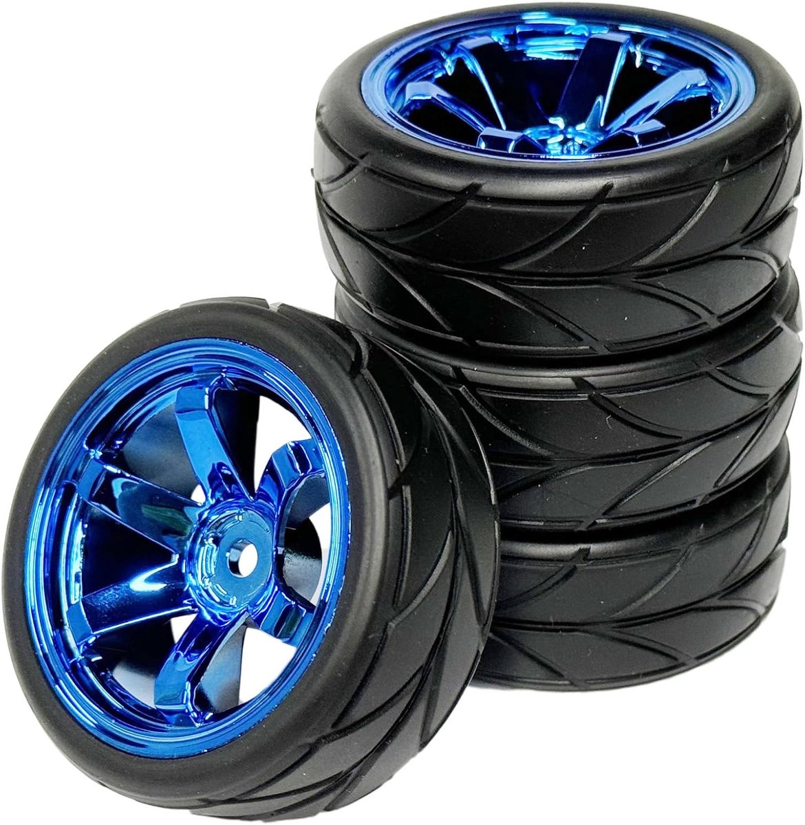 Wielenset, 4 stuks 64 mm rubberen banden en 6 spaken velgen kunststof wielen 12 mm Hex voor 1/10 RC On-Road Run-Flating Touring Racing Auto (blauw)