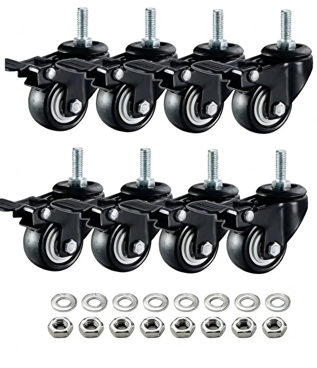 zwenkwiel met 3,8 cm draadstang, moerafstandhouder M8 x 25, voor trolleys, werkbanken en meubels (met rem, 8)
