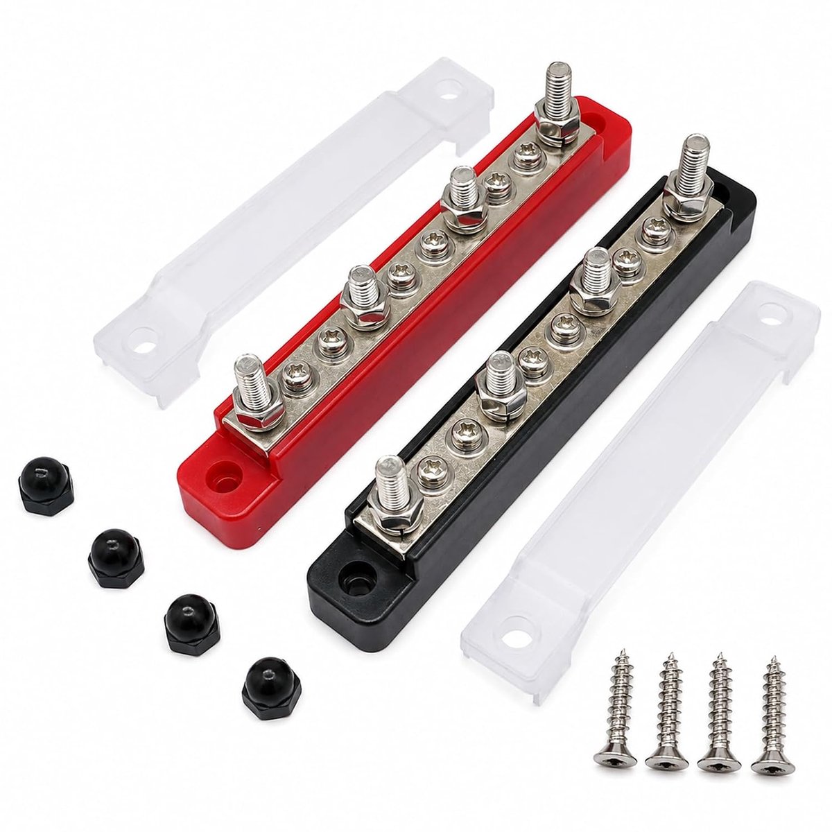 2 stroomverdelingsbusstrips, 150 ampère, twaalf tot achtveertig V, M4- en M6-schakelingen, roestvrij staal, koper, nikkel, voor auto's, campers, vrachtwagens, boten