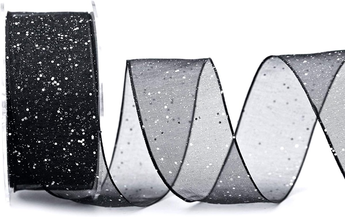 20 m x 40 mm Decoratielint glitter zwart zilver stoffen lint transparant glanzend organza met draadranden elegant Kerstmis advent verjaardag premium glitter lint chiffon chiffonlint draad