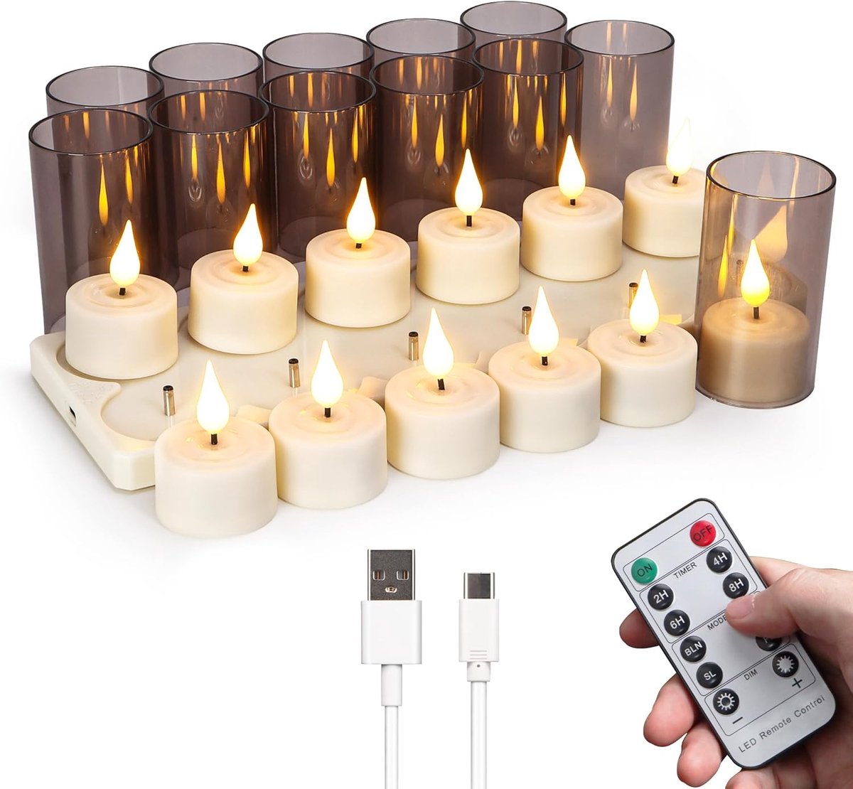 Yunsheng Oplaadbare vlamloze theelichtjes, kaarsen met afstandsbediening, timer en laadstation, 12 stuks oplaadbare elektrische led-kaarsen, flikkeren voor huis, kaarsenhouder, decoratie