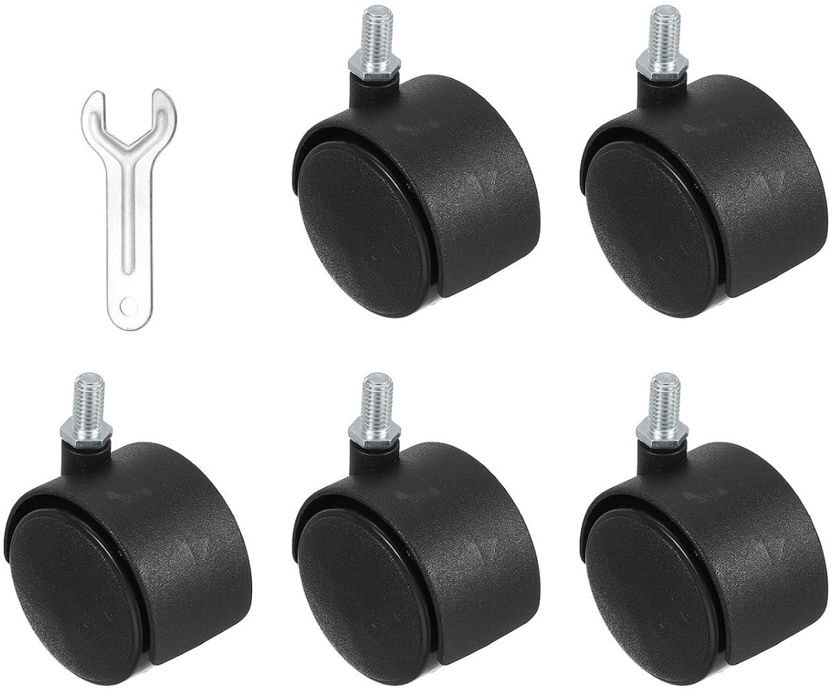 Bureaustoelwielen, vervanging 5,8 cm, 8 stuks, nylon, zware belasting, zwenkwielen met moersleutel, universeel wiel voor harde vloeren, tapijt, zwart (schroefschacht)