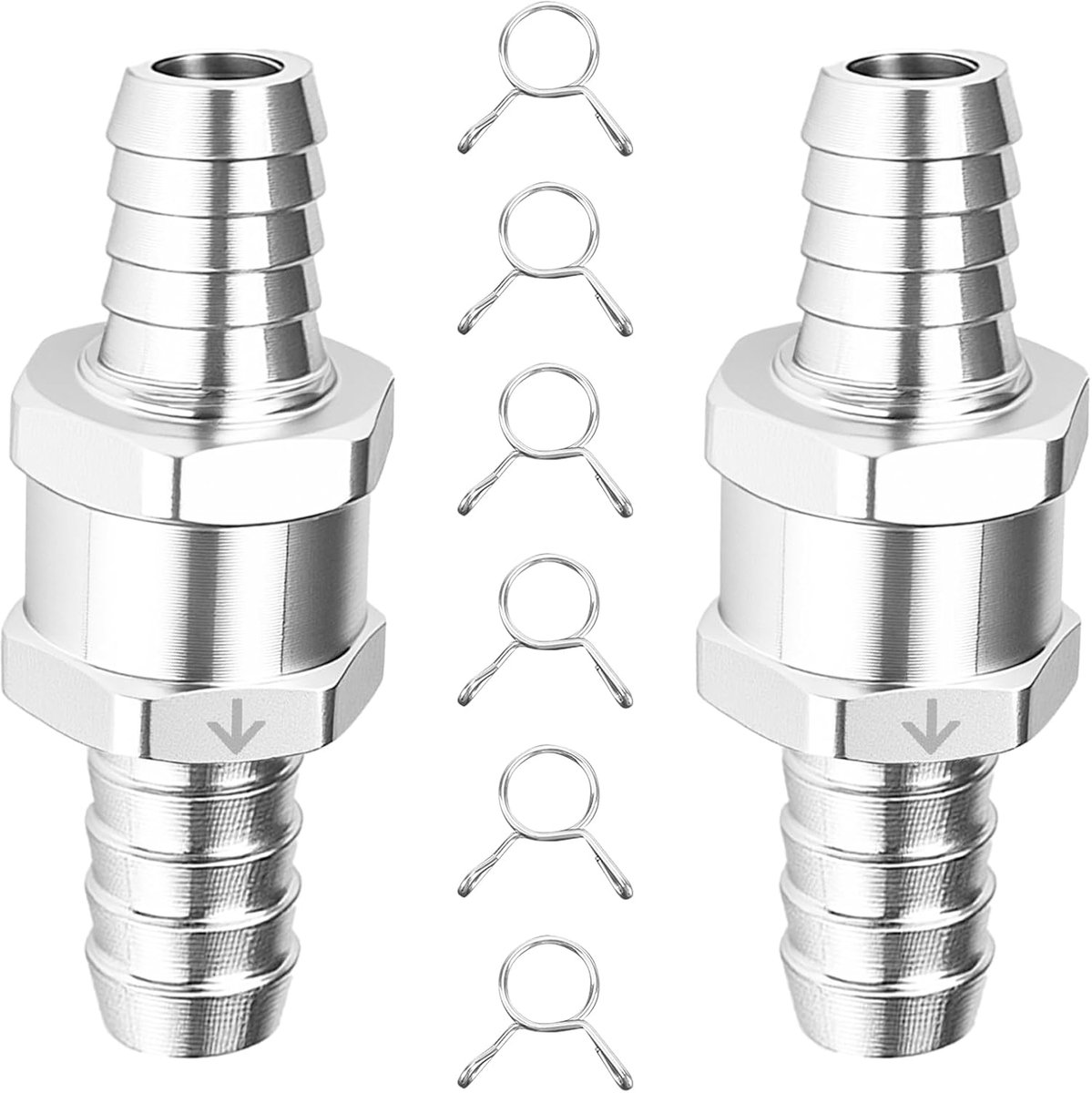 2 stuks terugslagklep voor brandstof, terugslagventiel, 12 mm, aluminium ventiel, terugslagklep, dieselleiding, terugslagbeveiliging benzine met 6 stuks veerklemmen, voor benzine, diesel, marine water