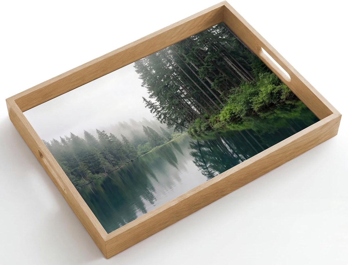 Rechthoekig 50x35 cm Houten Dienblad Met Handgrepen Eikenhout Krasbestendig Hittebestendig Wooden Tray Koffie Thee Bergen - Meer - Bos