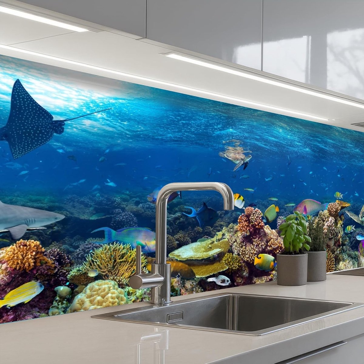 Keukenachterwand 60x200 cm zelfklevend keuken decoratie accessories home kitchen spatscherm Onderwaterlandschap - Vissen - Schildpad - Blauw