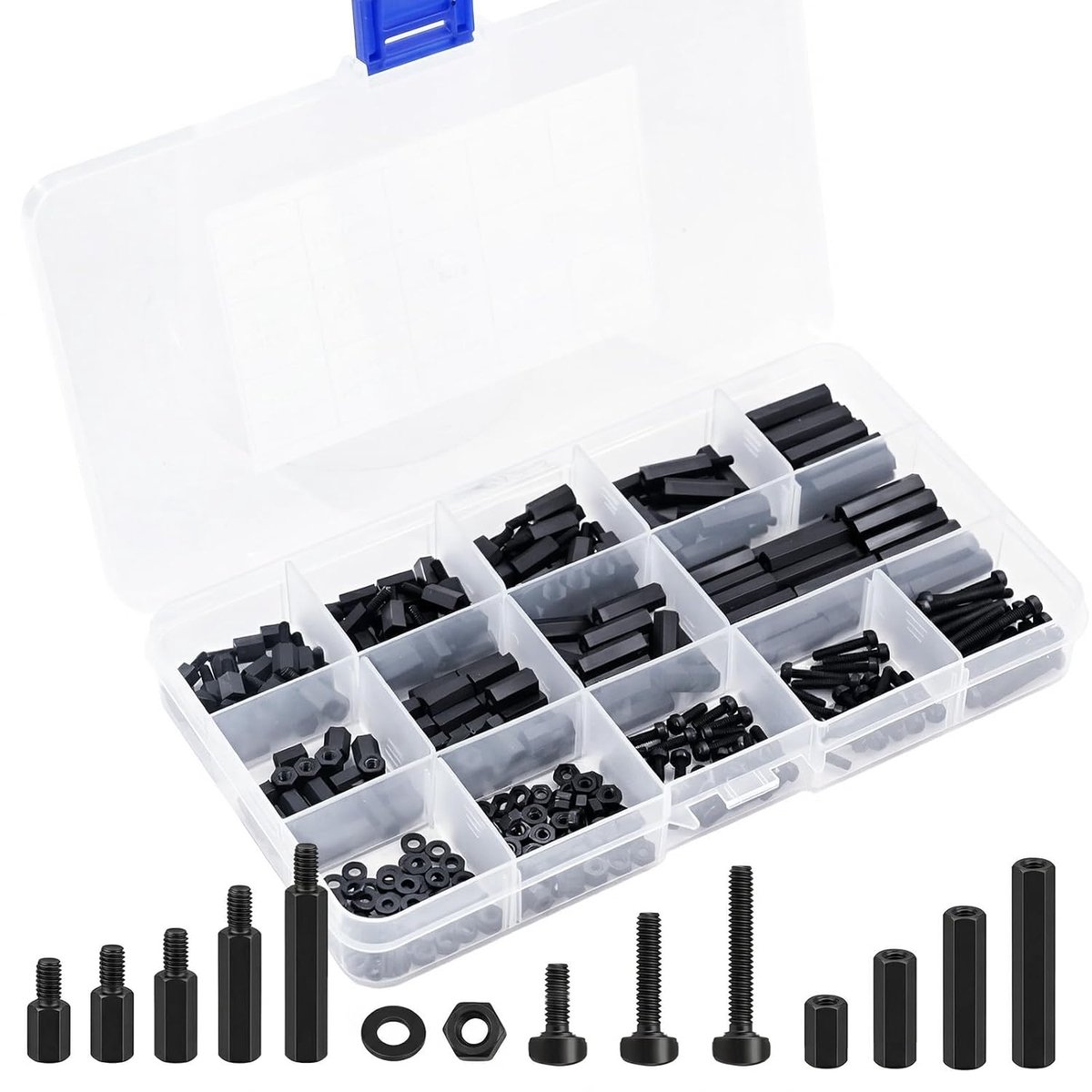 349 stuks M2,5 afstandhouders, hex, afstandshulzen, zwart, nylon schroeven, moeren, set, PCB-bord/printplaten, mannelijk, vrouwelijk, schroefdraad, afstandbouten, kunststof, kruiskopschroeven