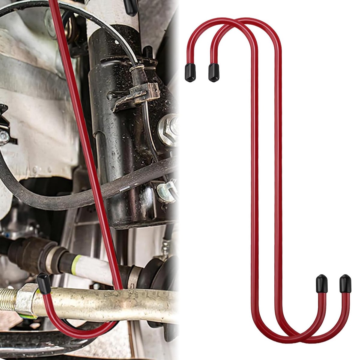 2 stuks remklauwhaken, S-vormige remklauwhangers met rubberen punten, remklauwgereedschapsset, haken voor remblokken, assen, schijfremmen en diverse auto-reparatiewerkzaamheden (rood)