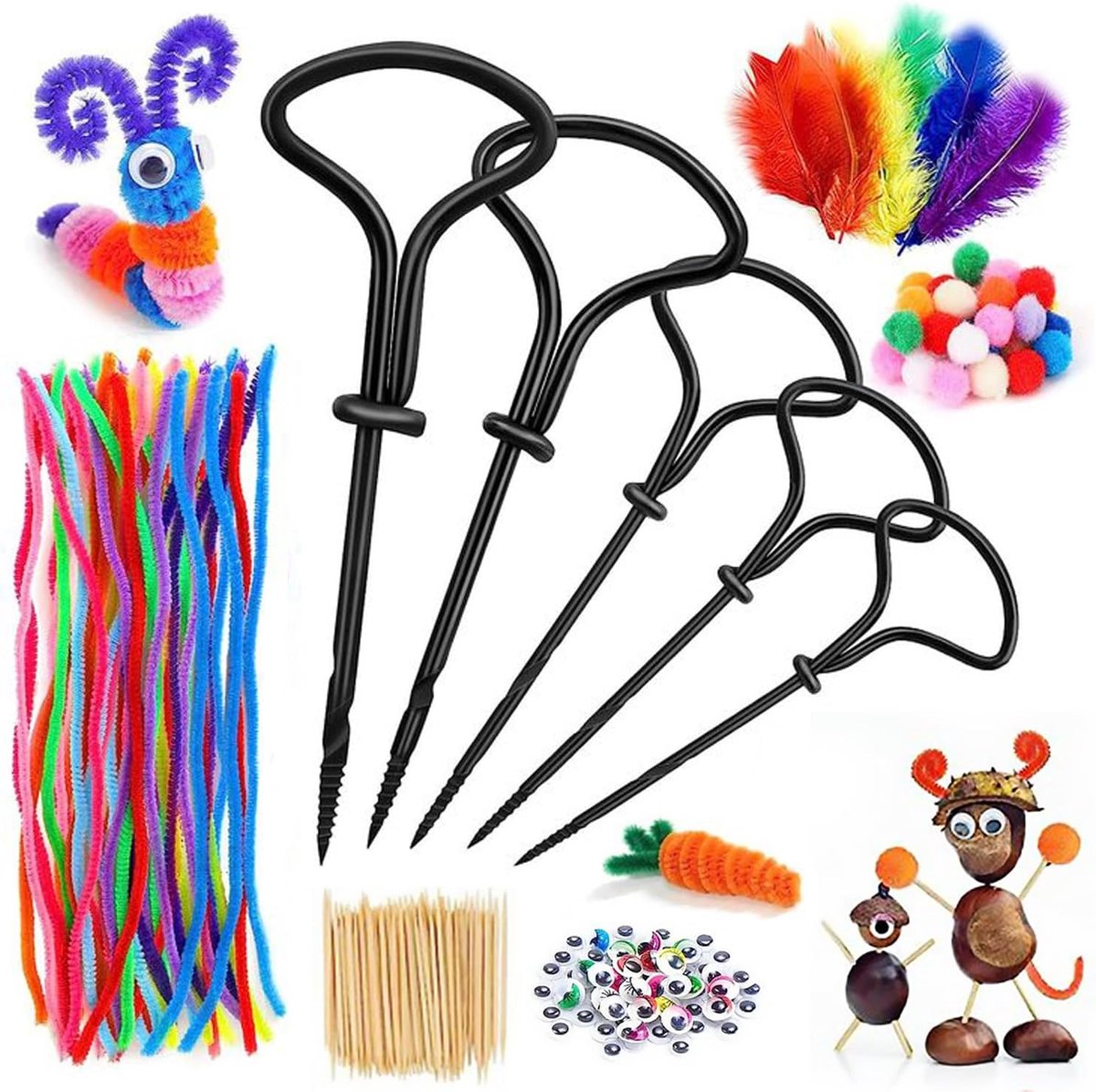 Kastanjeboor voor kinderen, 1,5 - 5 mm, knutselset herfst, 257-delige kastanje-knutselset, doe-het-zelfset, herfstdecoratie, knutselaccessoires met tandenstokers, veren, wiebelogen, pompons,