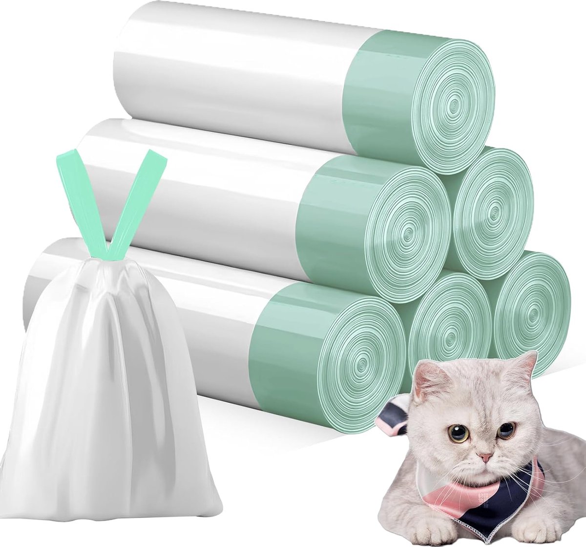 Kattenbakzakken met draaggreep - 6 rollen navulzakken - duurzame zelfreinigende kattenbak - 90 stuks groen - ShopVlot