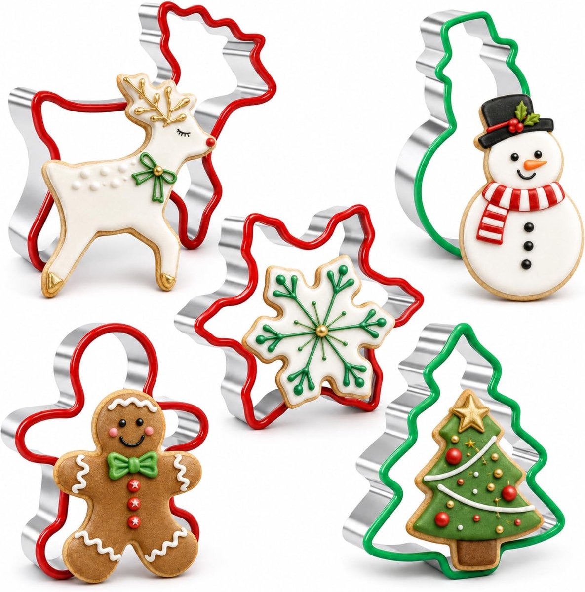 Koekjesuitsteekvormen 5 stuks - roestvrij staal met siliconen rand - kerstthema - ideaal voor kerstbakken - ShopVlot