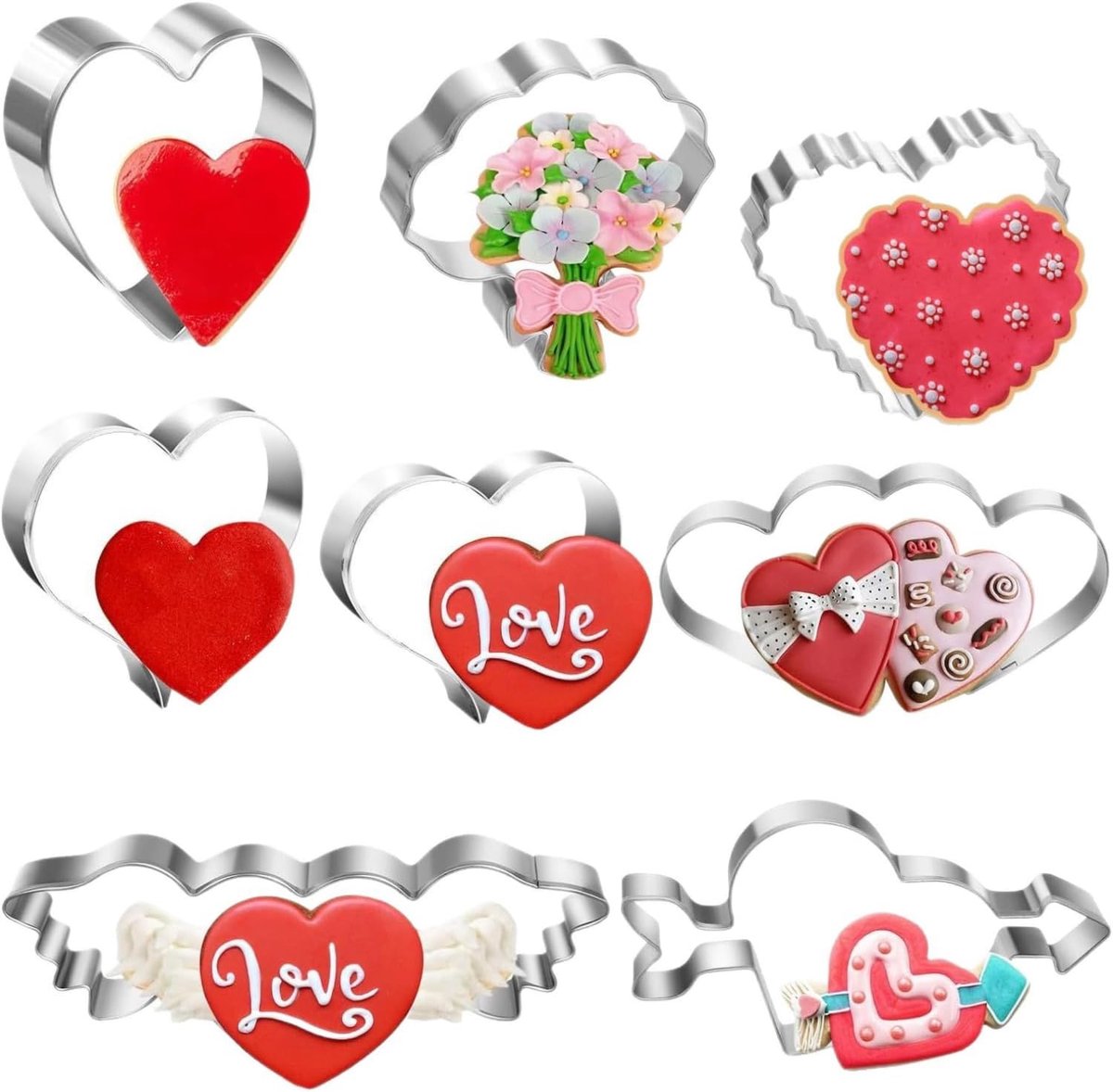 Hart koekjesuitsteekset 8-delig - roestvrij staal - diverse stijlen - perfect voor Valentijnsdag - ShopVlot