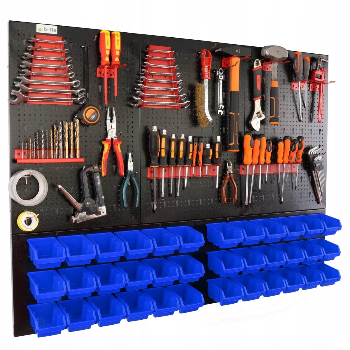 Werkplekwand 120x90cm Metaal met 36 Blauwe Bakjes en Ophanghaken
