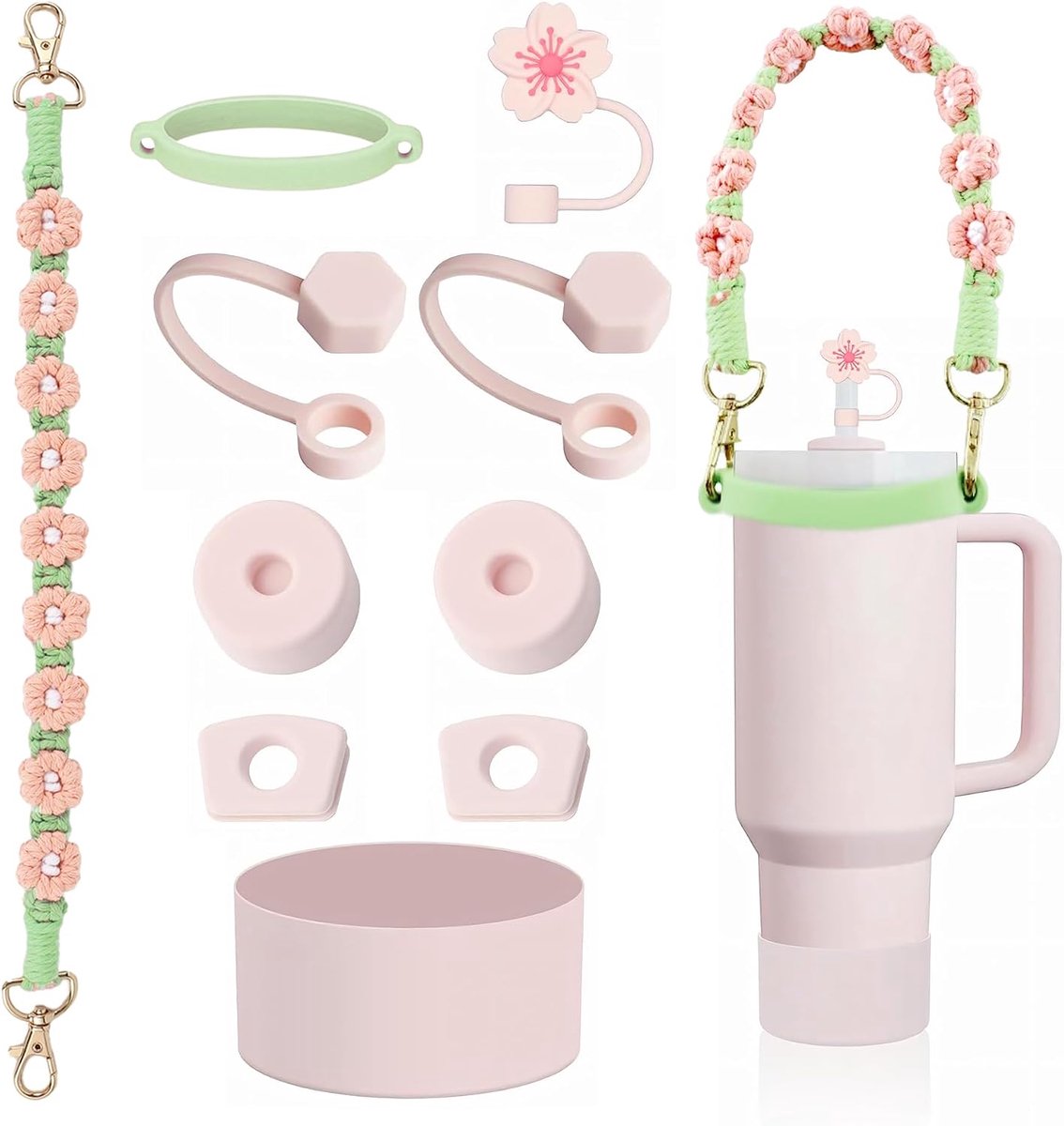 Stanlley Cup accessoires set - 1.2L en 850 ml - roze - compleet met drinkflesriem en lekdoppen - ShopVlot