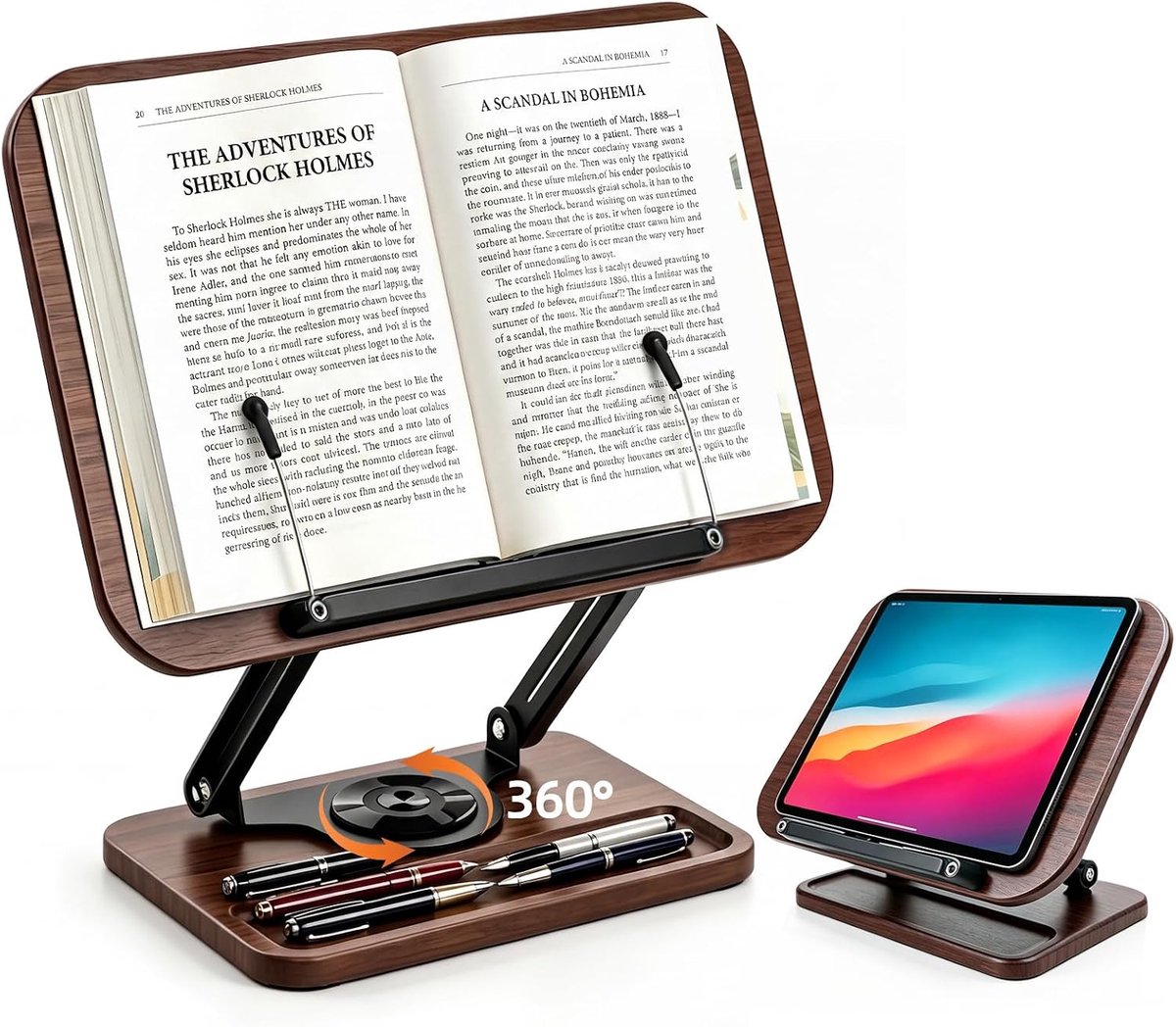 Boekenstandaard 360° draaibaar - Elegante houtlook - Verstelbaar met elastische zijclip - Ideaal voor tablet en laptop - ShopVlot