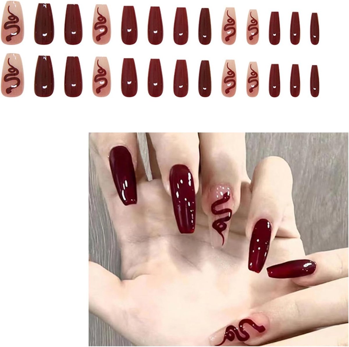 Press-on nails set 24 stuks - amandelvormig - 3D slangenmotief - luxe uitstraling - ShopVlot
