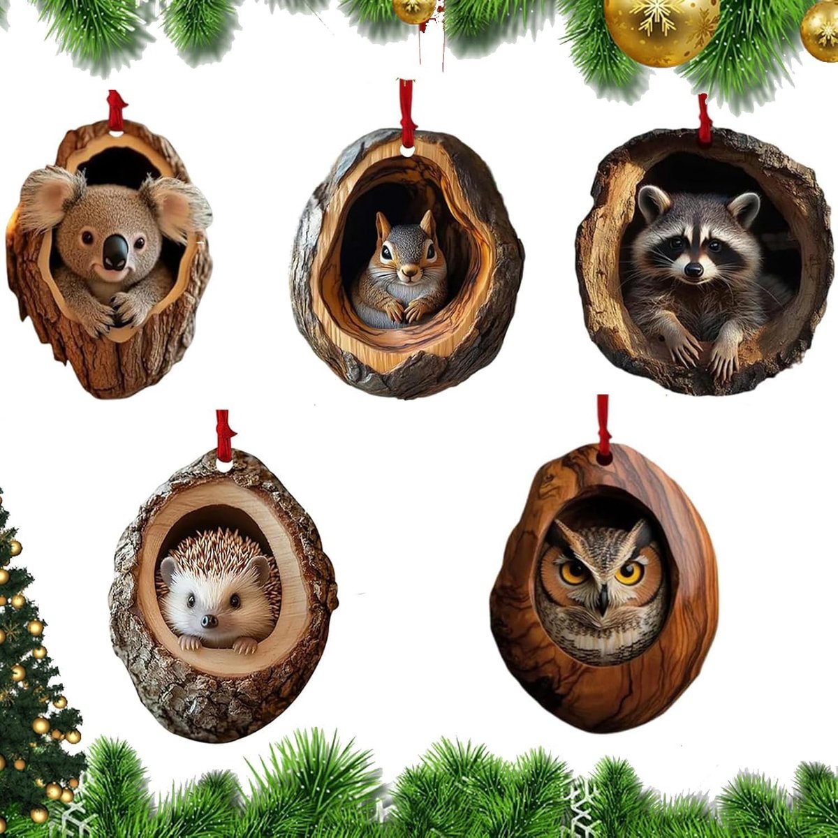 Kerstboomversieringen 9 Stuks - 2D Dieren Hangers - Eekhoorn, Uil, Dwerghert en Konijn - Creëer een feestelijke sfeer - ShopVlot