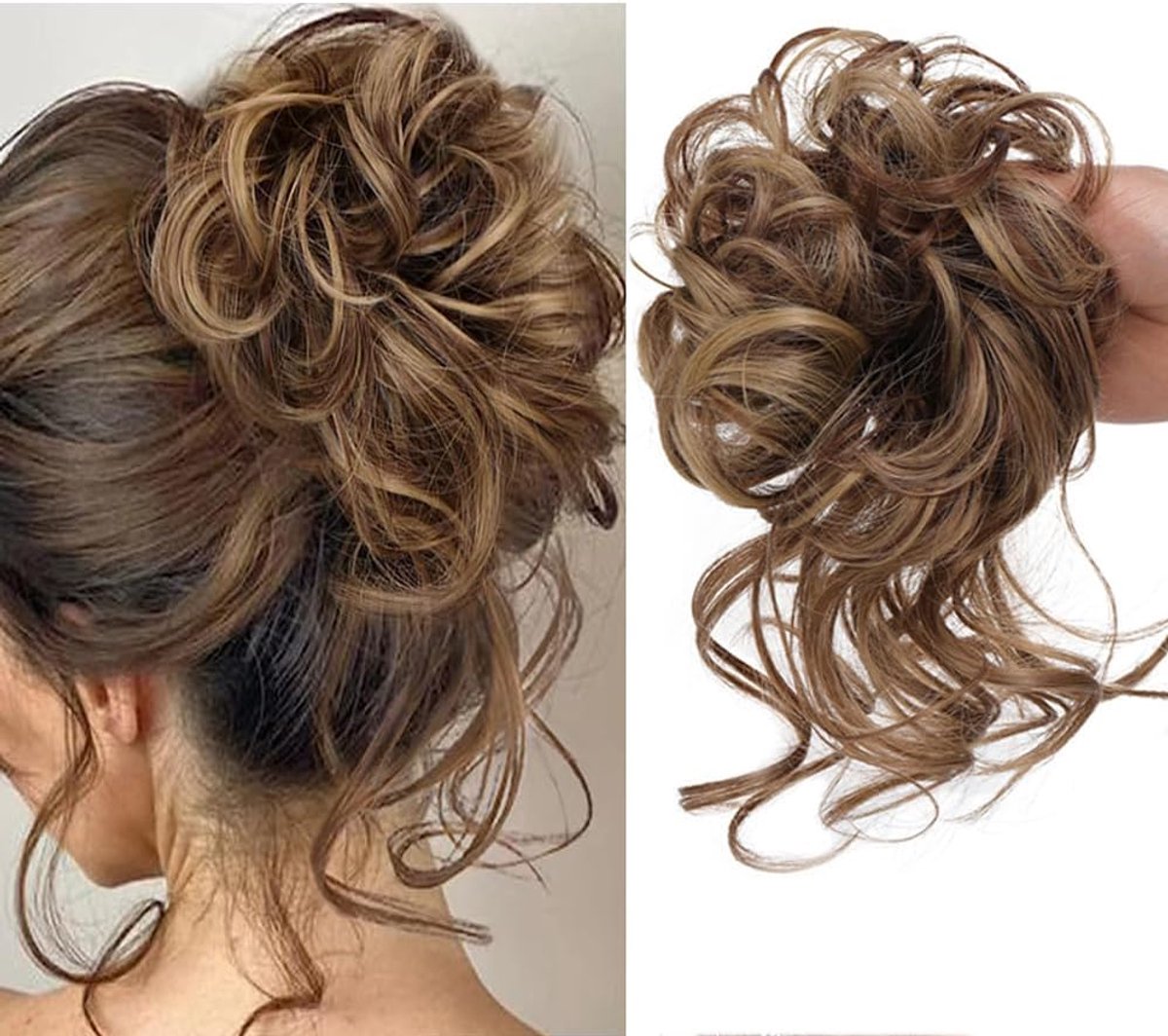 Messy haarbont haarstuk - grote elastische haarbun - bruin mengsel lichtbruin - natuurlijk en stijlvol - ShopVlot