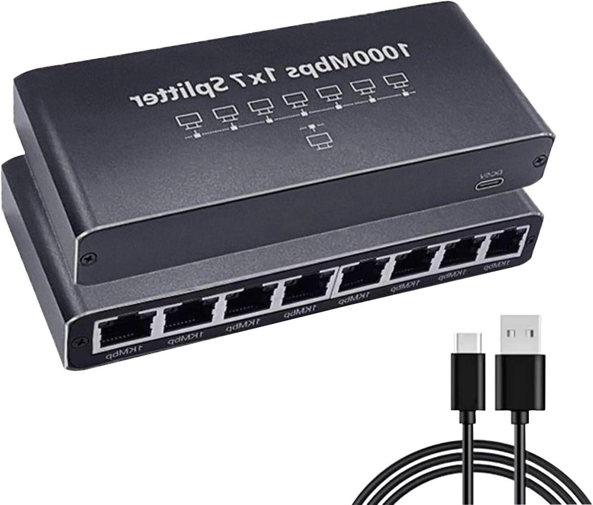 Netwerksplitter Switch - Netwerkverdeler Extender - Internet Delen - 8 Poorten Gigabit - 18 x 8 x 2.5 cm - Meerkleurig