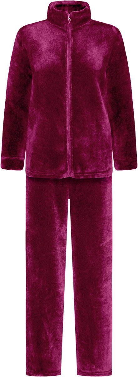 Dames Fleece Huispak met Rits - Loungewear - Superzacht en Warm Coral Fleece - Bordeaux Rood - 2332-Red - Maat XL