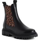 Zwarte leren Chelsea boot met luipaardprint elastische inzetstukken en dikke profielzool.