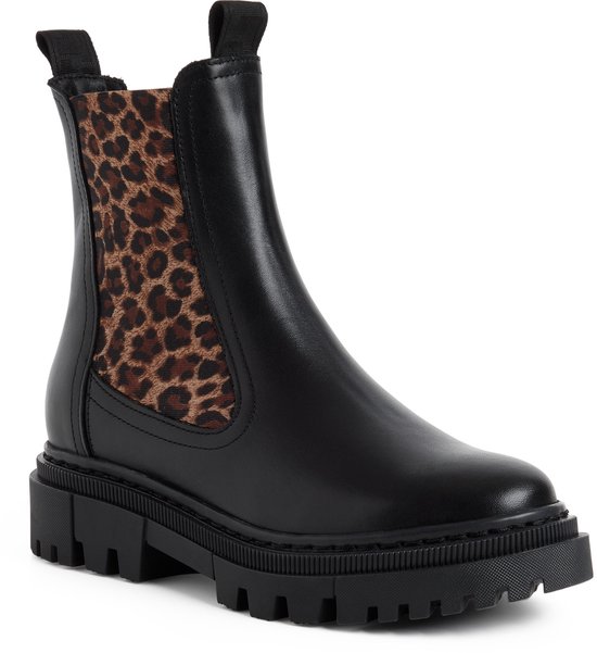 Zwarte leren Chelsea boot met luipaardprint elastische inzetstukken en dikke profielzool.