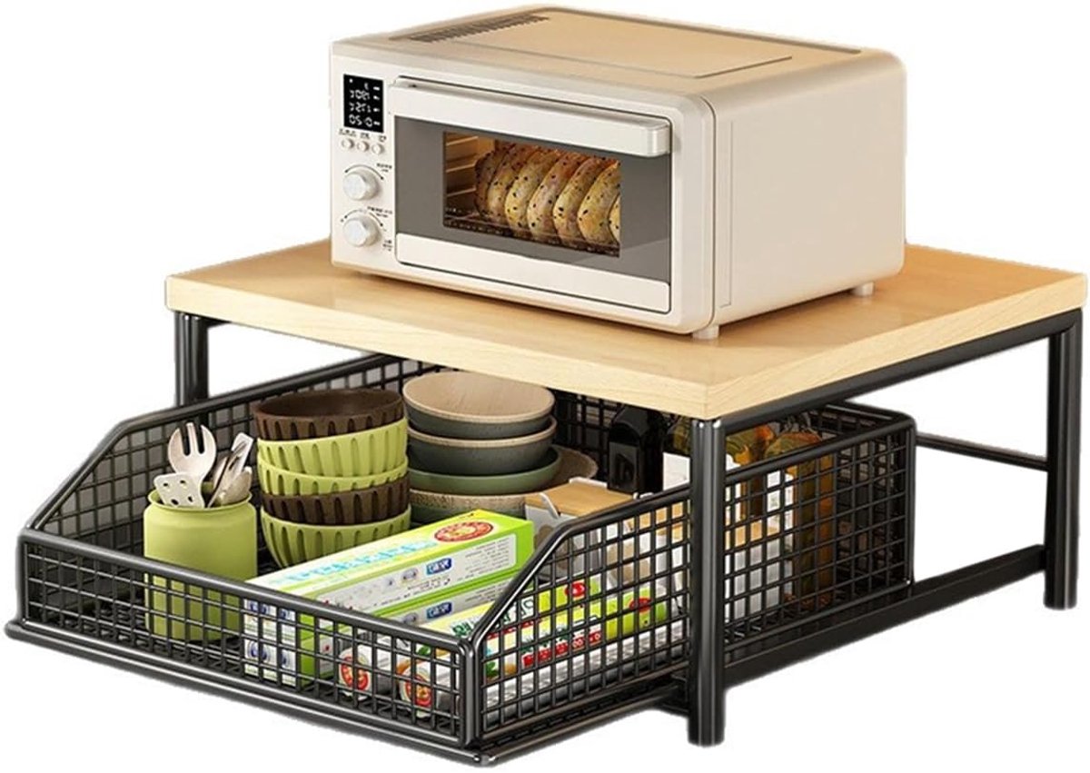 Keukenwerktafelorganisator met lade en draadmand - zwart hout - ruimtebesparend - ideaal voor koffiemachines - ShopVlot