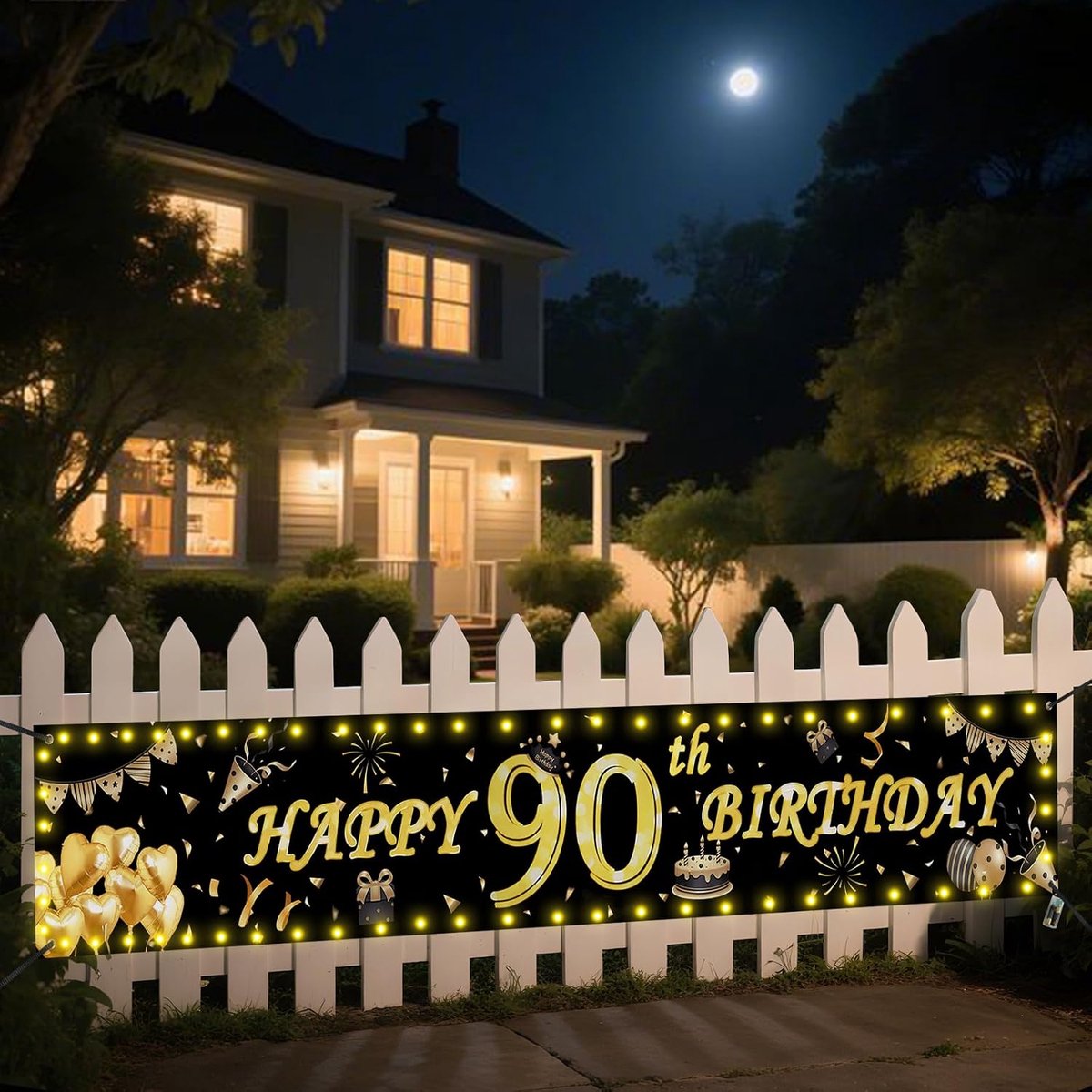 Verjaardagsbanner 90 jaar - LED verlichting - Goud Zwart - Feestelijke decoratie voor verjaardag - ShopVlot