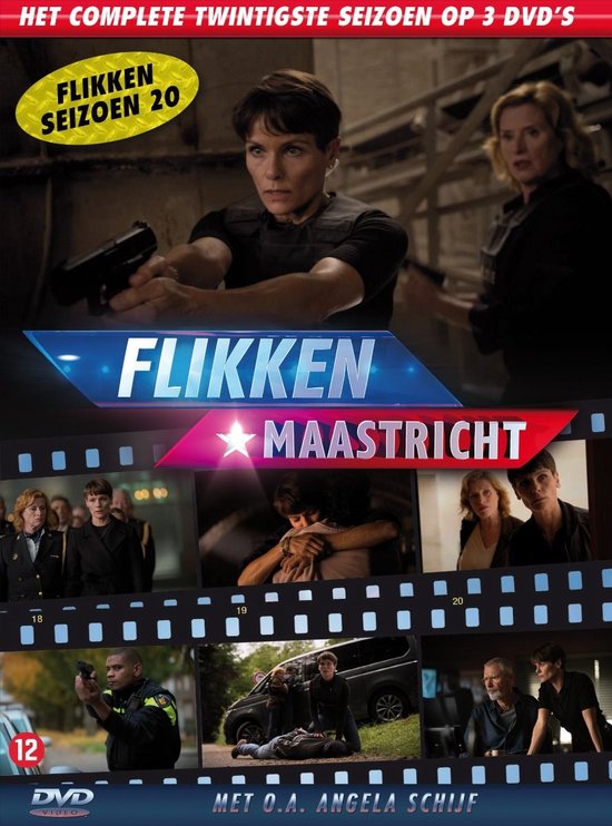 DVD-hoes: Flikken Maastricht Seizoen 20 met twee vrouwen met wapens, en scènes uit de serie.