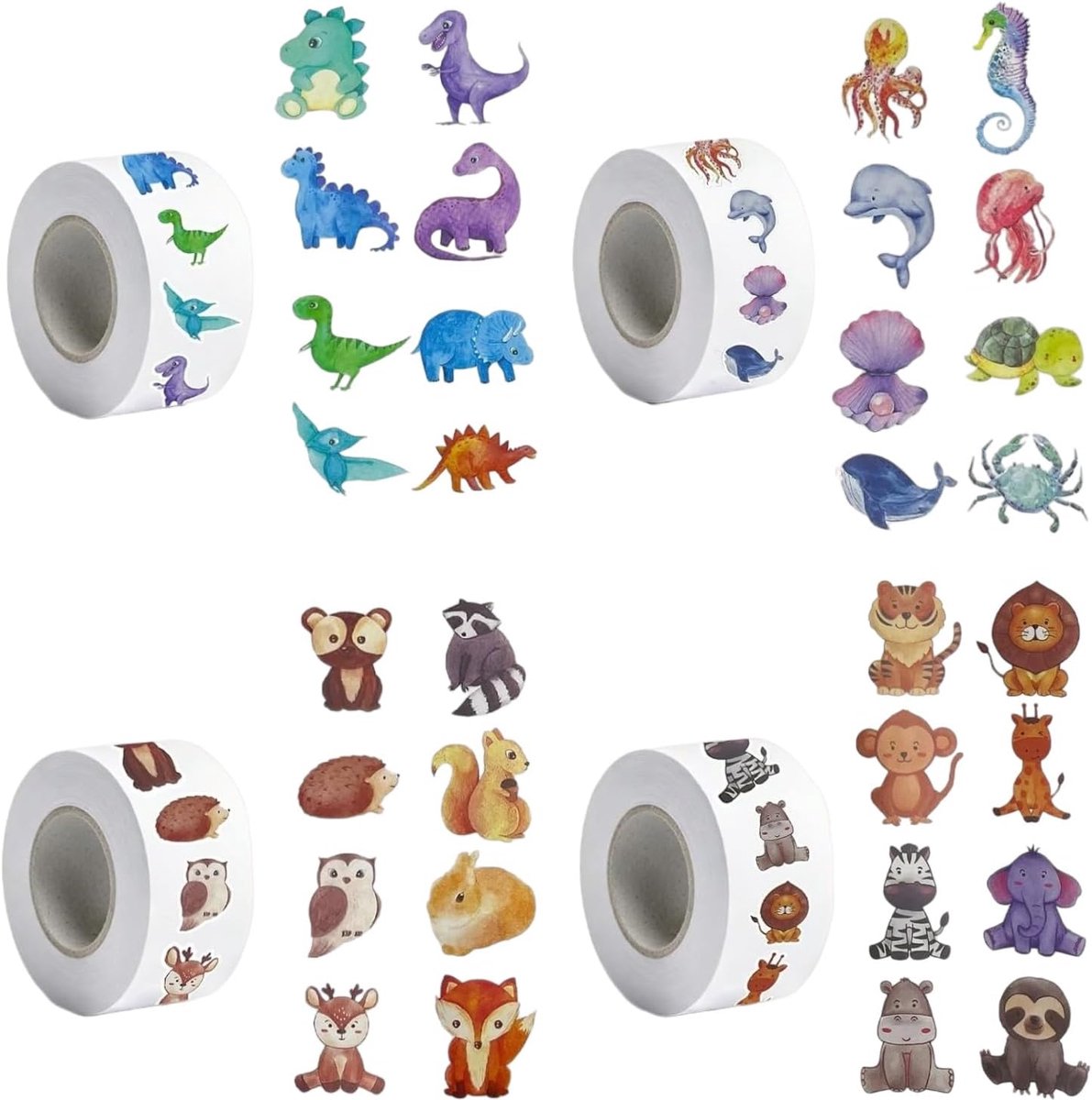Dierenstickerrol 4 rollen - 32 cartoon dierenpatronen - voor knutselen en beloningen - ShopVlot