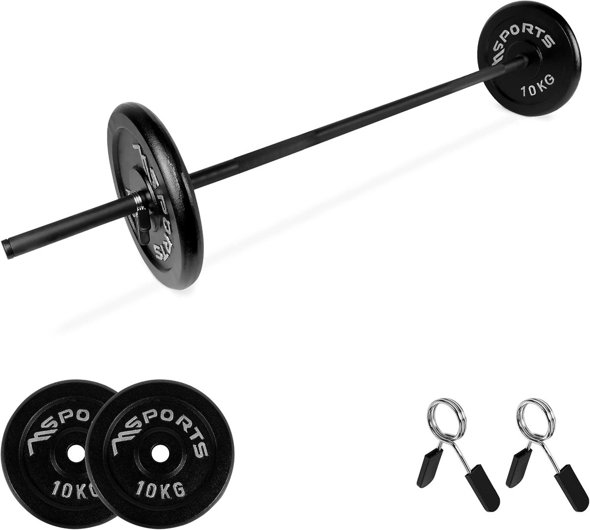 Lange halterstang met veersluiting - Gietijzer halterschijven 20, 30, 40 of 60 kg - Geschikt voor thuis of gym - ShopVlot