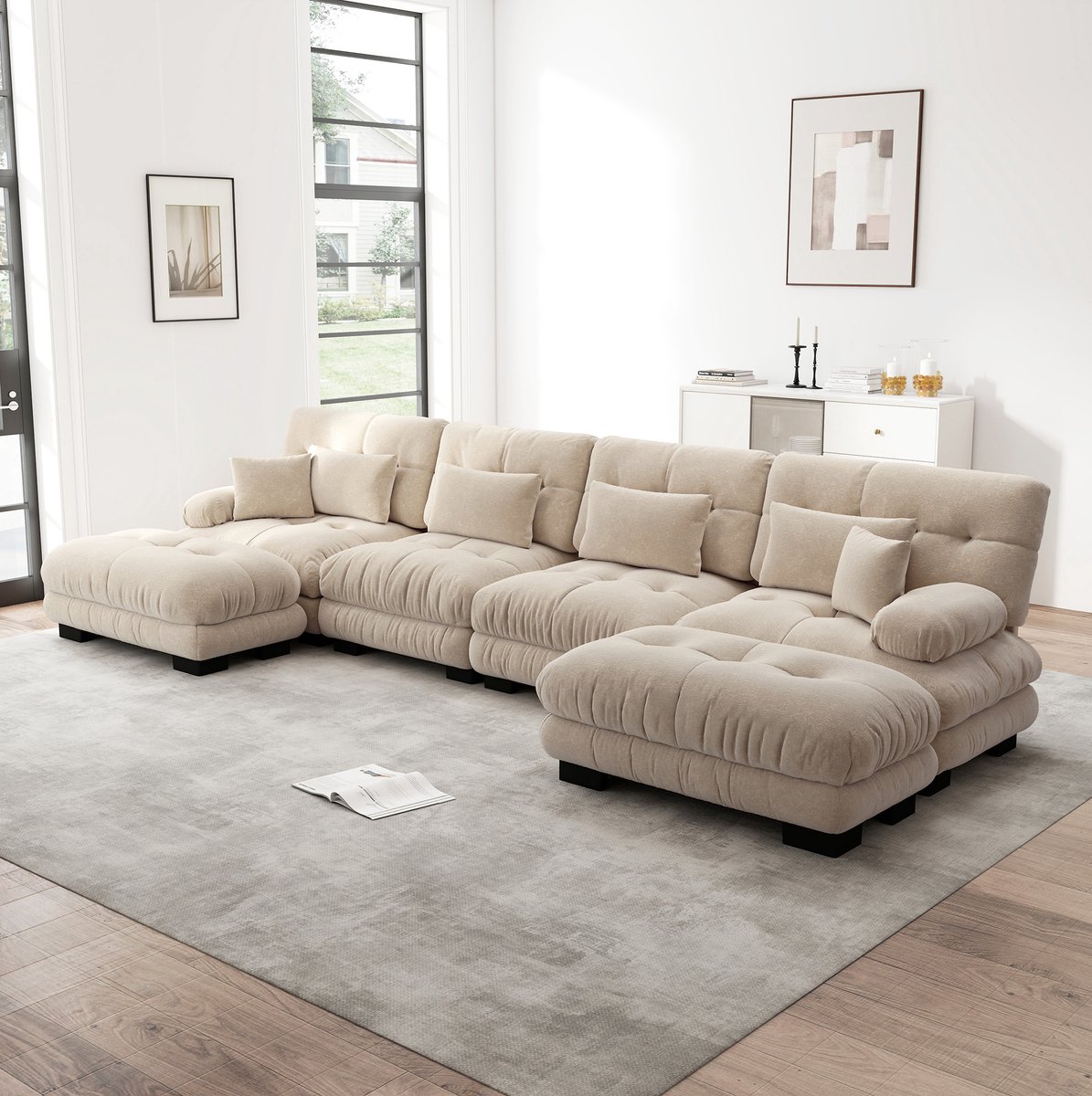 MEUNIQ Modulaire U-bank 406 x 145 x 81 cm met beweegbare ottoman, diepe zitting en zachte chenille, 4-zits, lichtbruin voor de woonkamer
