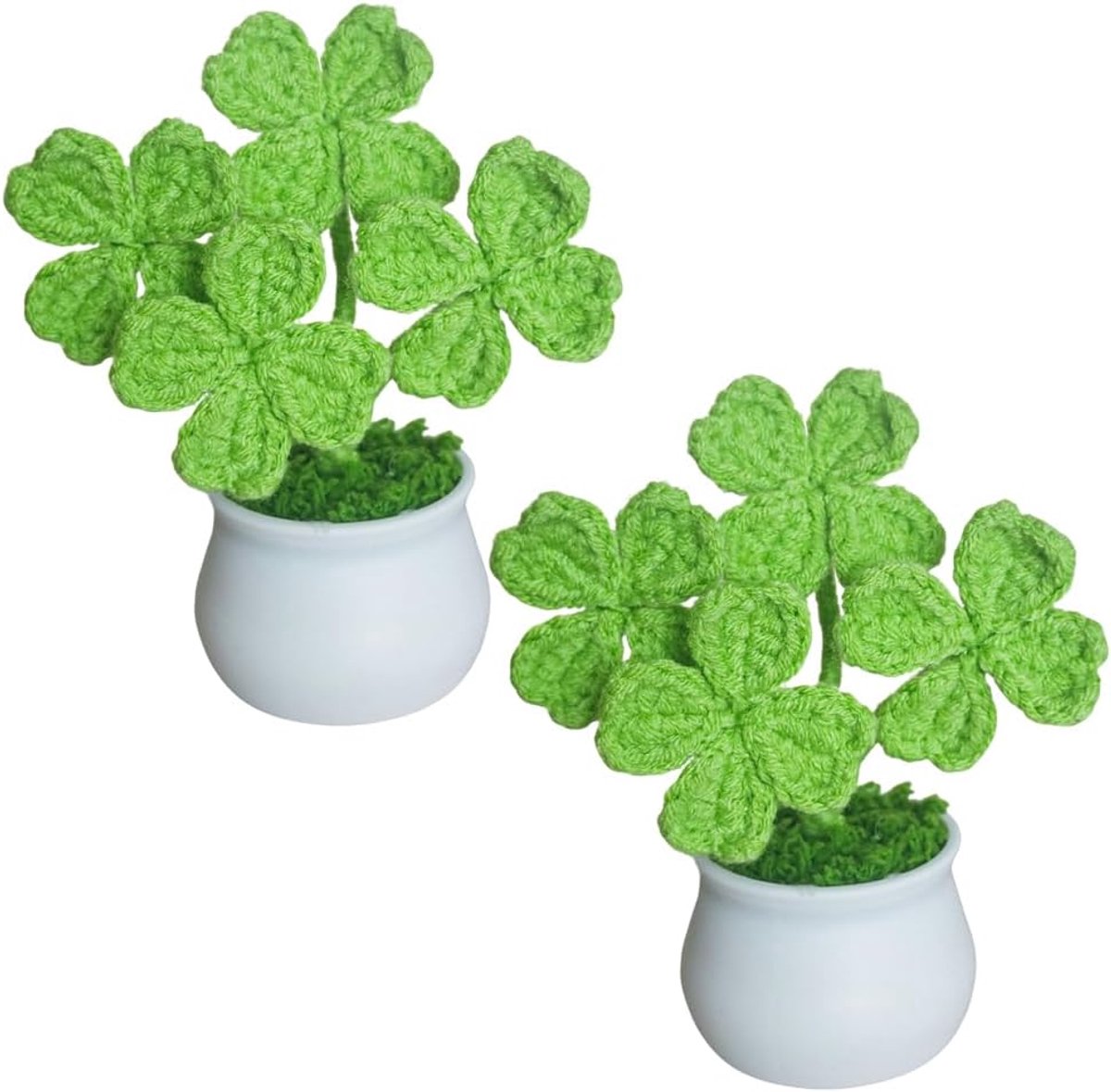 Handgemaakte Haakwerk Vierbladige Klavertje 2 Stuks - Kunstplant in Witte Pot - Gelukssymbool voor Decoratie - ShopVlot