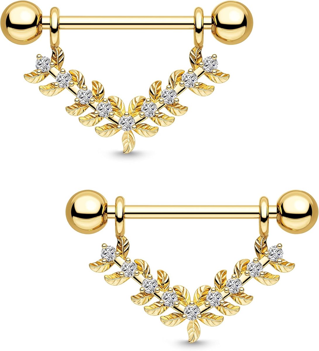Nipple Bars Leaf CZ 14G - Zilver Goud - 316L RVS - Voor Body Piercings - ShopVlot
