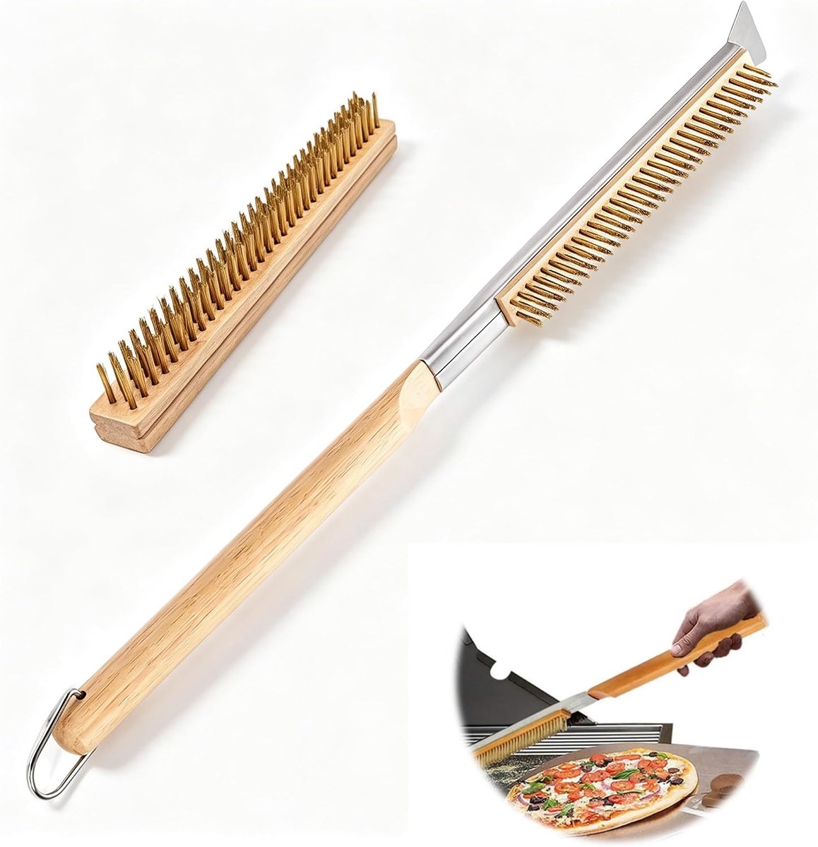 Pizzaovenborstel 53 cm - messing borstelharen - met schraper - voor hardnekkig vuil - ShopVlot