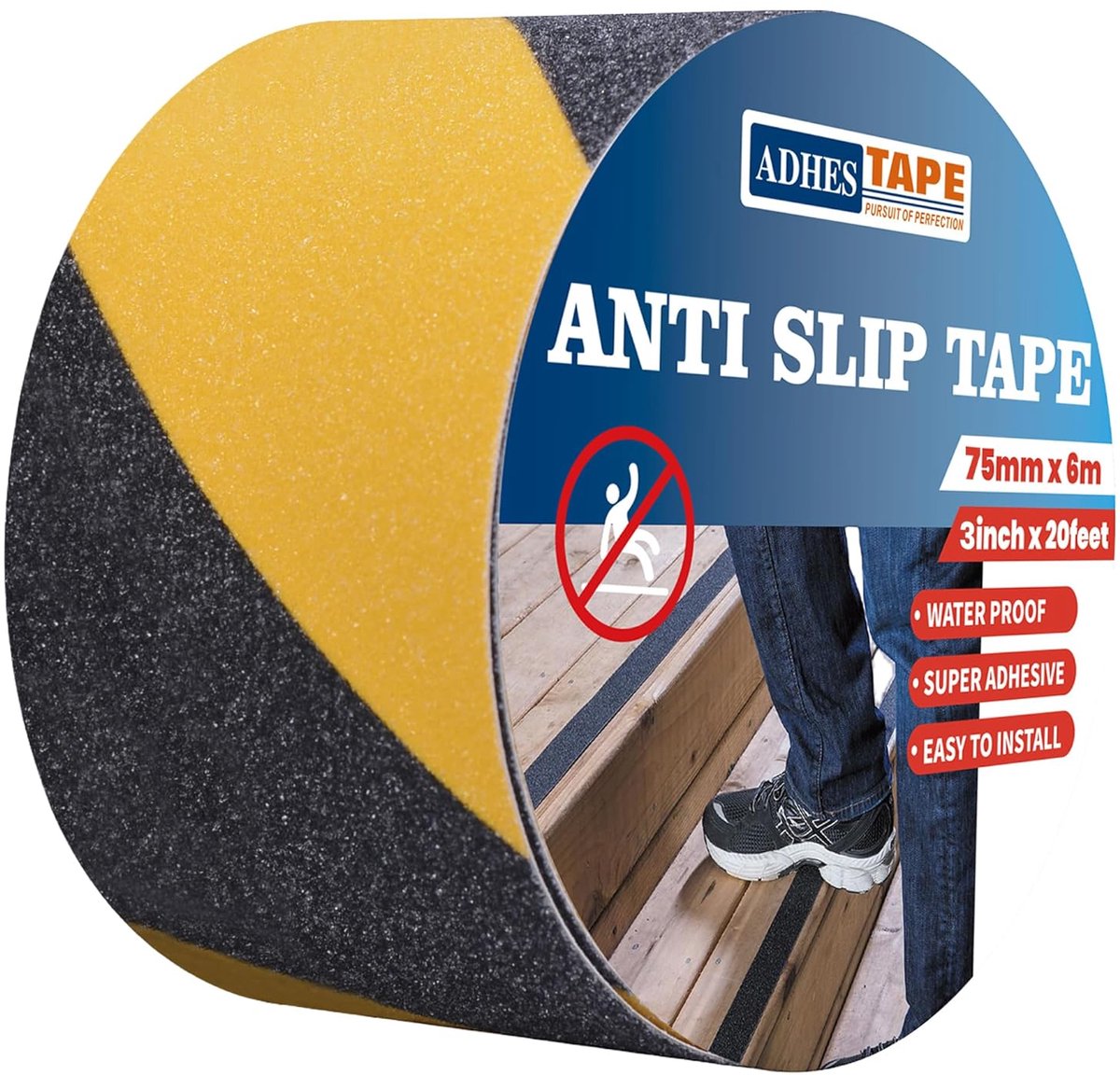 Non-slip tape 75 mm x 6 m - zwart en geel - zelfklevend - verhoogt veiligheid bij trappen - ShopVlot