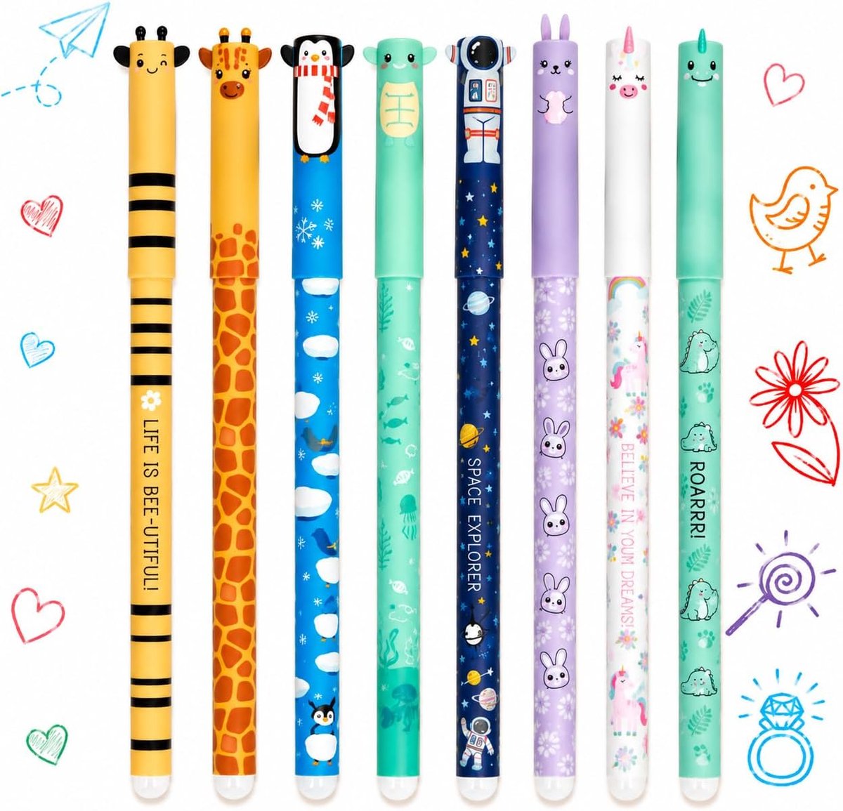 Uitwisbare gelpennen set van 8 - 0,5 mm - schattige diermotieven - kleurrijke schrijfstiften voor school - ShopVlot