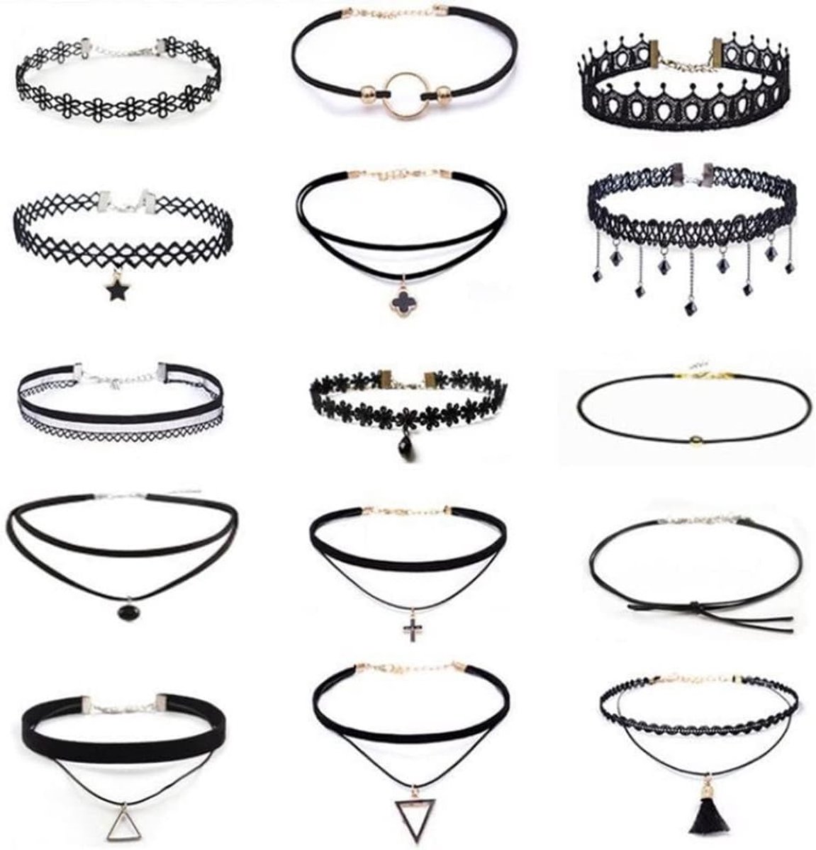 Gothic leren kettingen 15 stuks - zwarte kant - verstelbare punk hanger - ideaal voor cosplay - ShopVlot