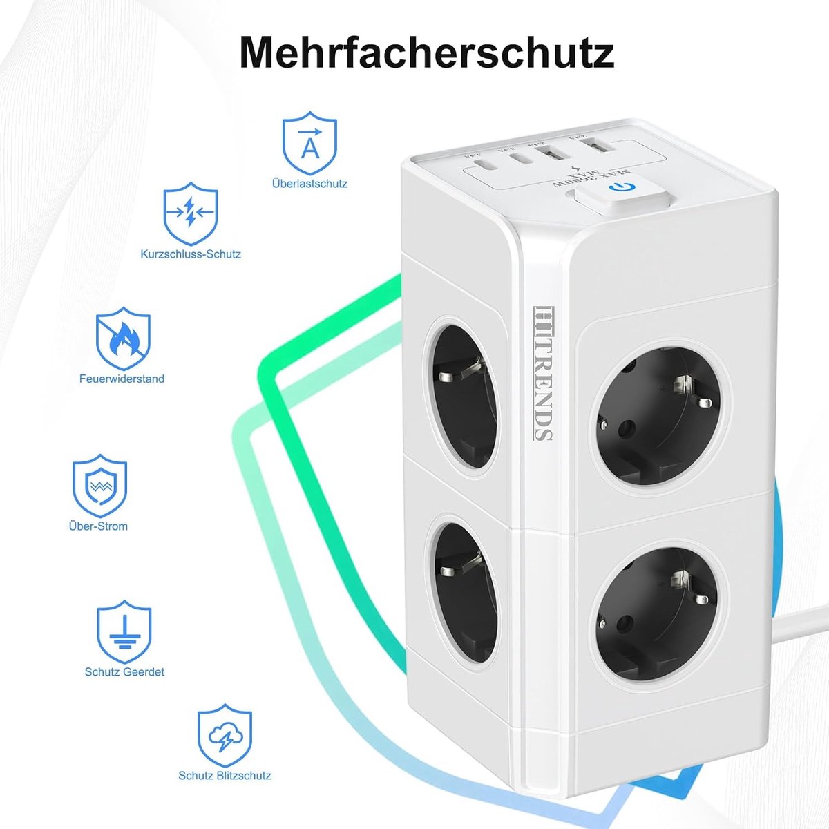 Meerdere stekkerdoos 8-voudig - met 4 USB-poorten - overspanningsbeveiliging - ideaal voor kantoor - ShopVlot