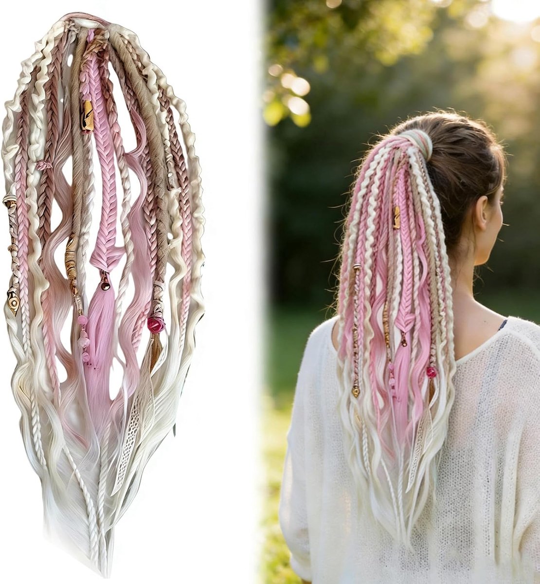 Dreadlock Ponytail 55cm - Ponytail Extensions met elastische band - Boho dread haarstuk met kralen en schelpen - ShopVlot
