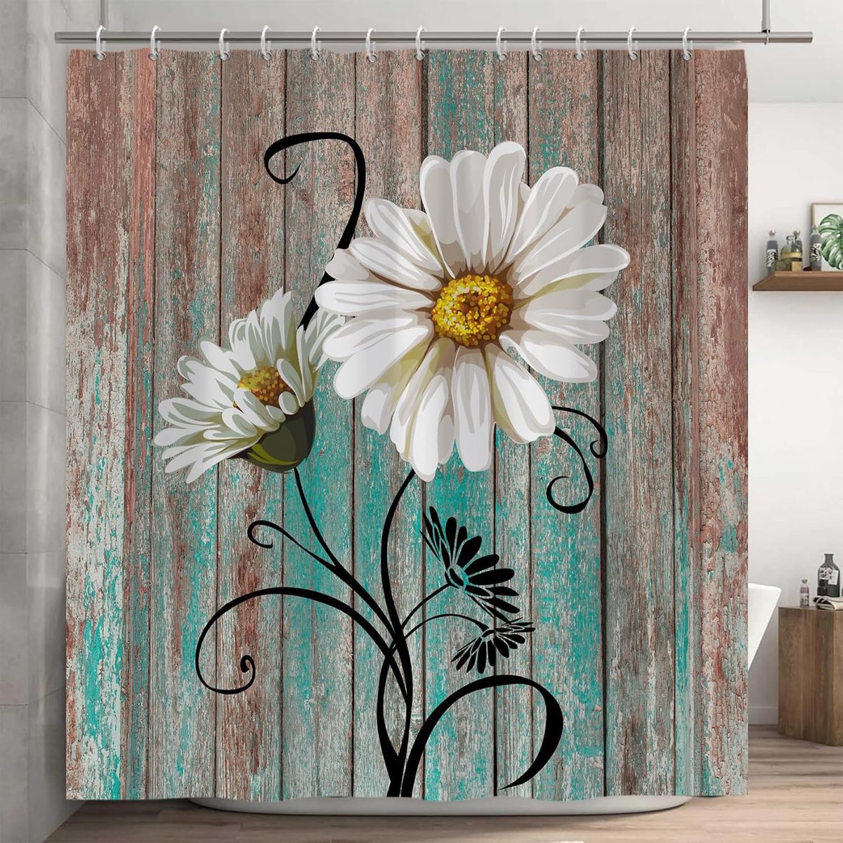 Douchegordijn 180x180cm - Retro Bloemen Motief - Waterafstotend Polyester - Ideaal voor Boerderijstijl Badkamer - ShopVlot