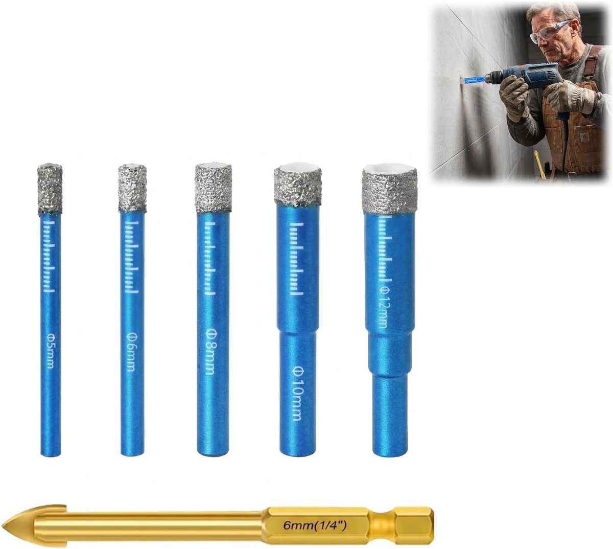 Diamantboor set 6 stuks - 5/6/8/10/12 mm met pilotboor - voor keramiek, glas, graniet - nauwkeurig boren - ShopVlot